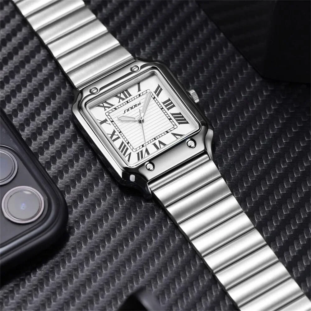 Men's Silver Classic Square Stylish Comfortable Roman Numerals Wrist Watch
